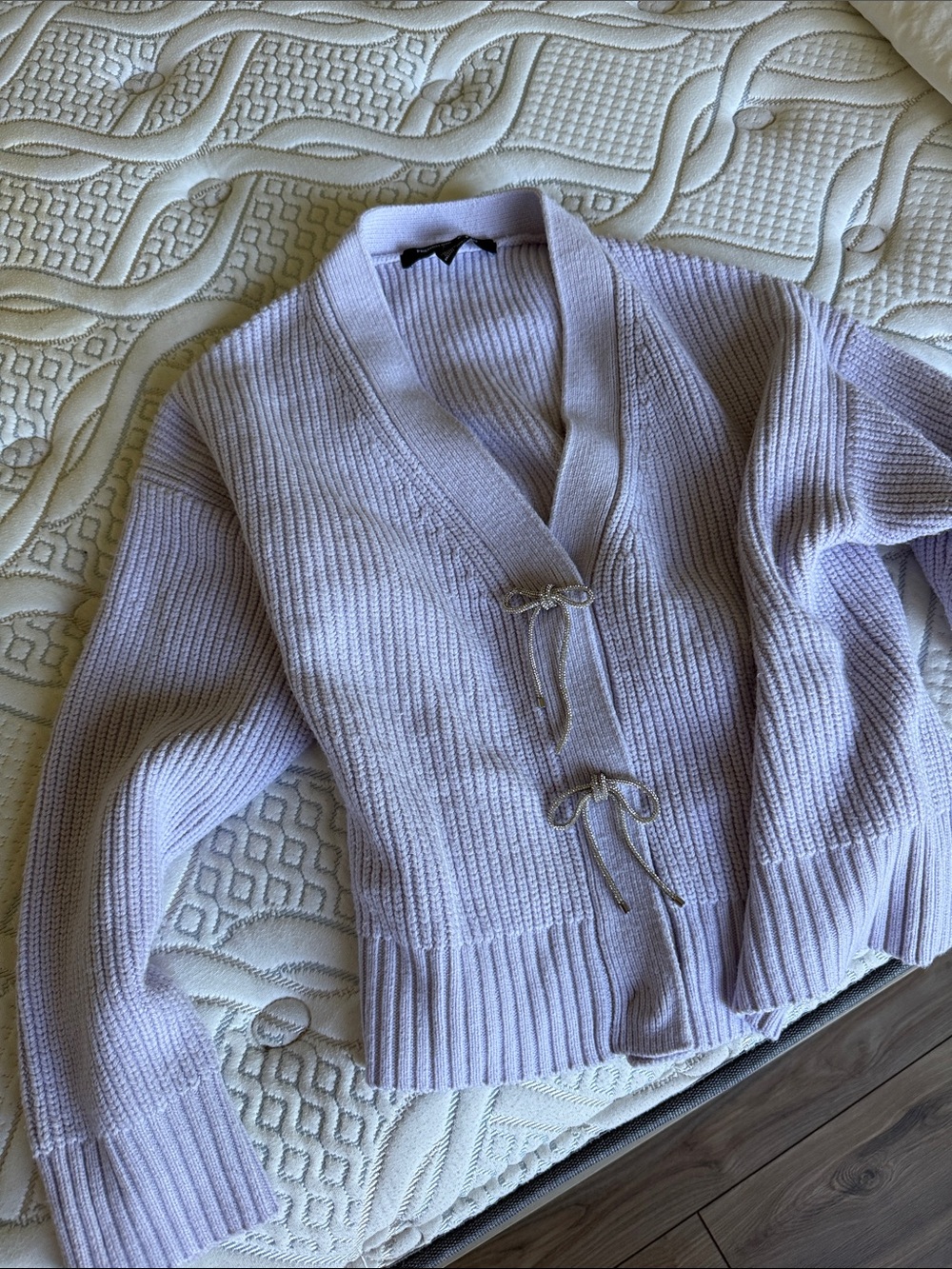 French Connection Lavender Ribbed V-Neck Tie-Front Cardigan
